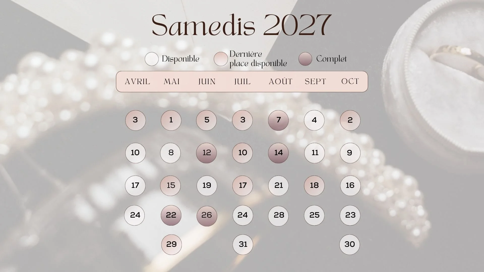 Planning de disponibilité de maquilleuse mariée Audrey Langouet pour 2027