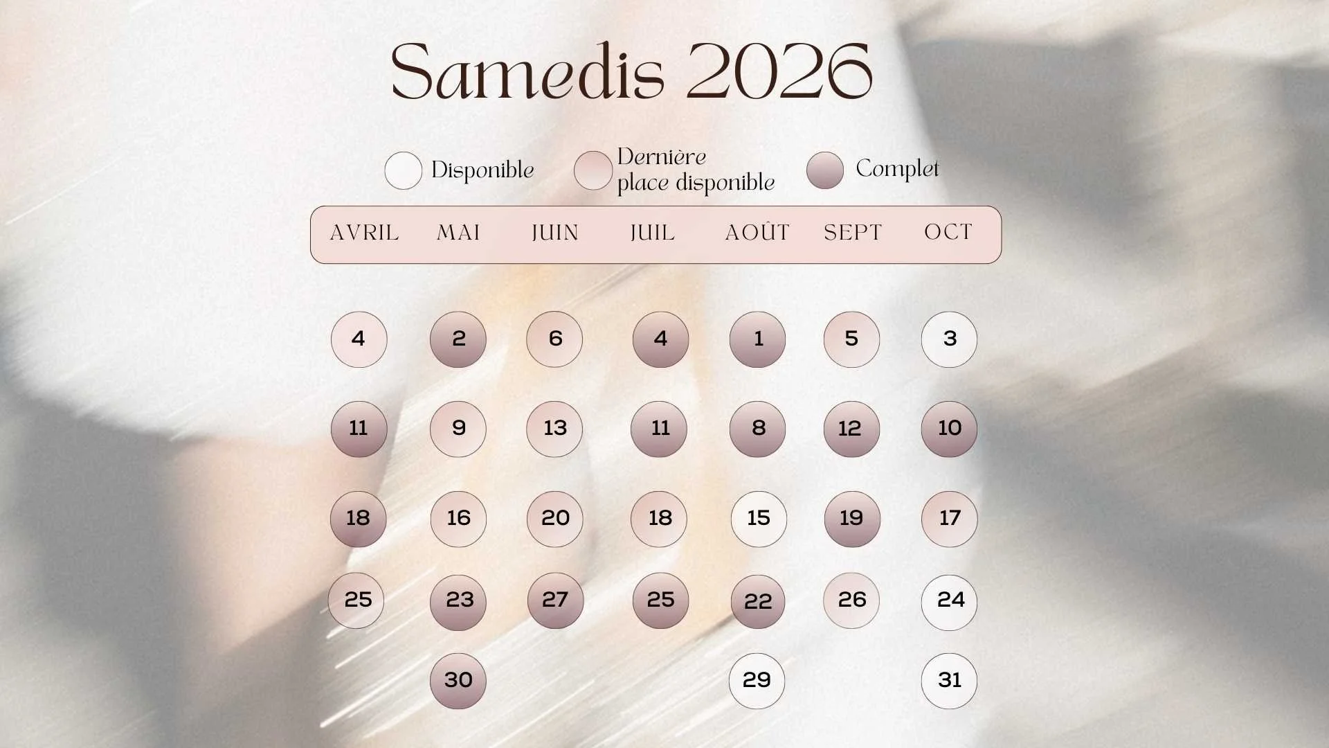 Planning de disponibilité de maquilleuse mariée Audrey Langouet pour 2026