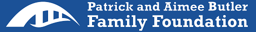 Logo of Patrick and Aimee Butler Family Foundation with a blue and white color scheme and a bridge graphic.