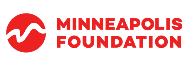 Logo of Minneapolis Foundation featuring a red circle with a white wavy line and red text that says 'Minneapolis Foundation'.