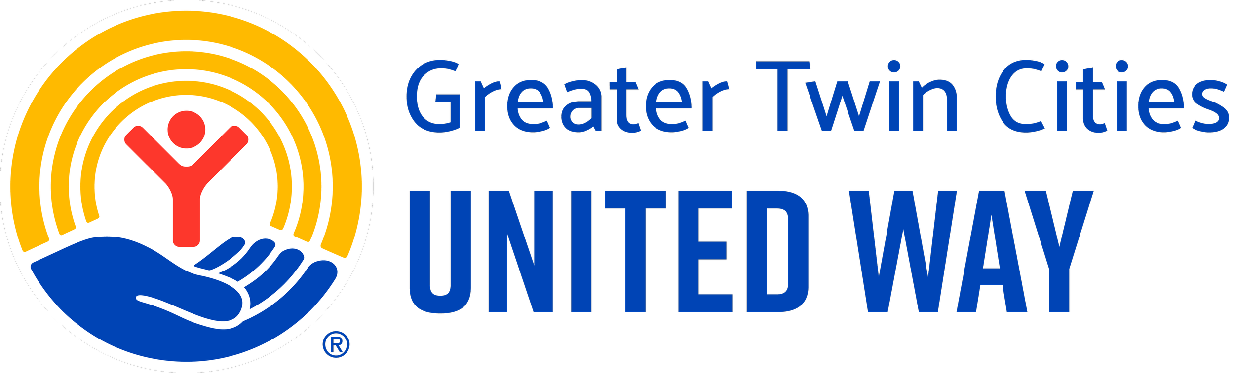 Logo for Greater Twin Cities United Way featuring a red human figure with arms raised inside a blue hand, with a yellow arc above and the text 'Greater Twin Cities UNITED WAY' in blue