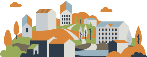 Illustration of a urban and rural areas with buildings, trees, hills, and a river under a partly cloudy sky.