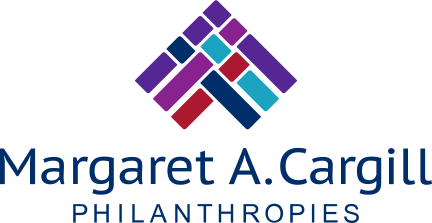 Logo of Margaret A. Cargill Philanthropies with a geometric diamond shape made of purple, blue, and red blocks and the organization name below.