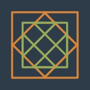 Icon representing "inclusion" with an abstract geometric pattern with overlapping squares and an octagon in the center, using orange, green, and yellow lines on a dark background.