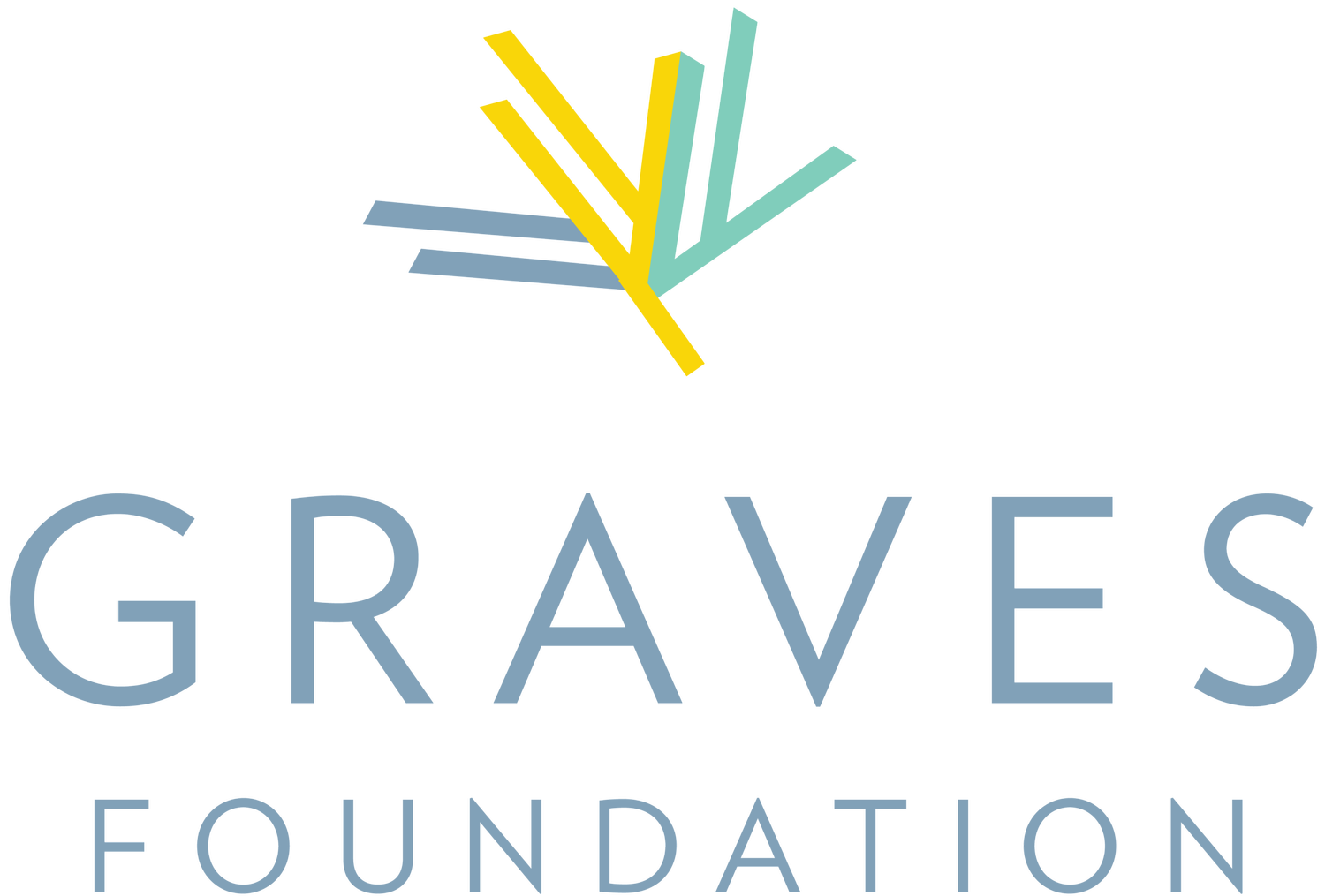 The Graves Foundation logo features an abstract tree with multicolored branches in yellow, teal, and light blue, above the text 'GRAVES FOUNDATION' in large, light blue letters.