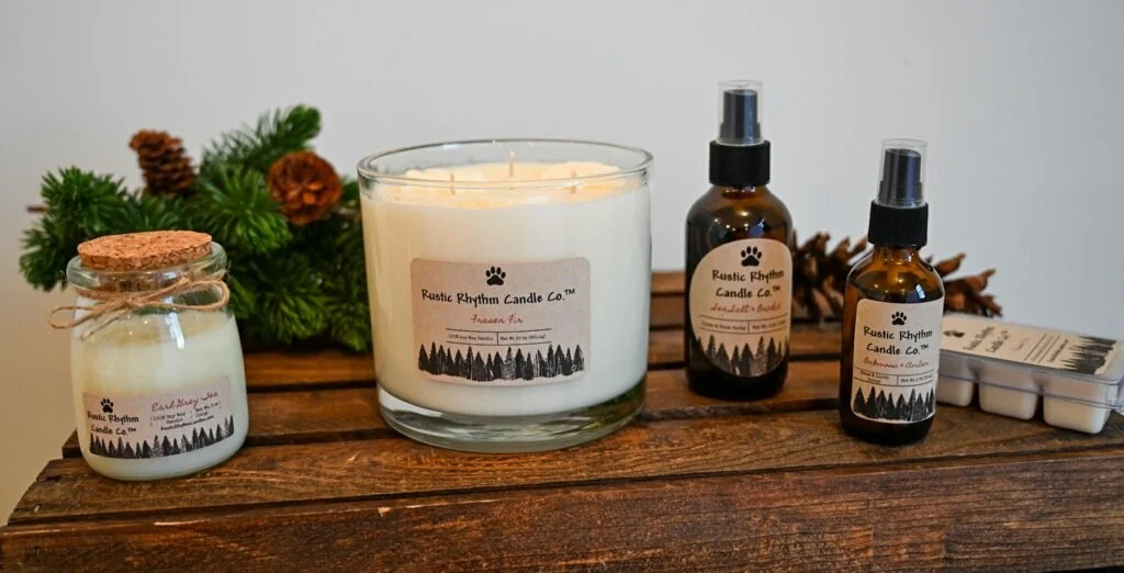 Rustic Rhythm Candle Co. products. Small candle, 3 wick candle, room sprays and wax melt