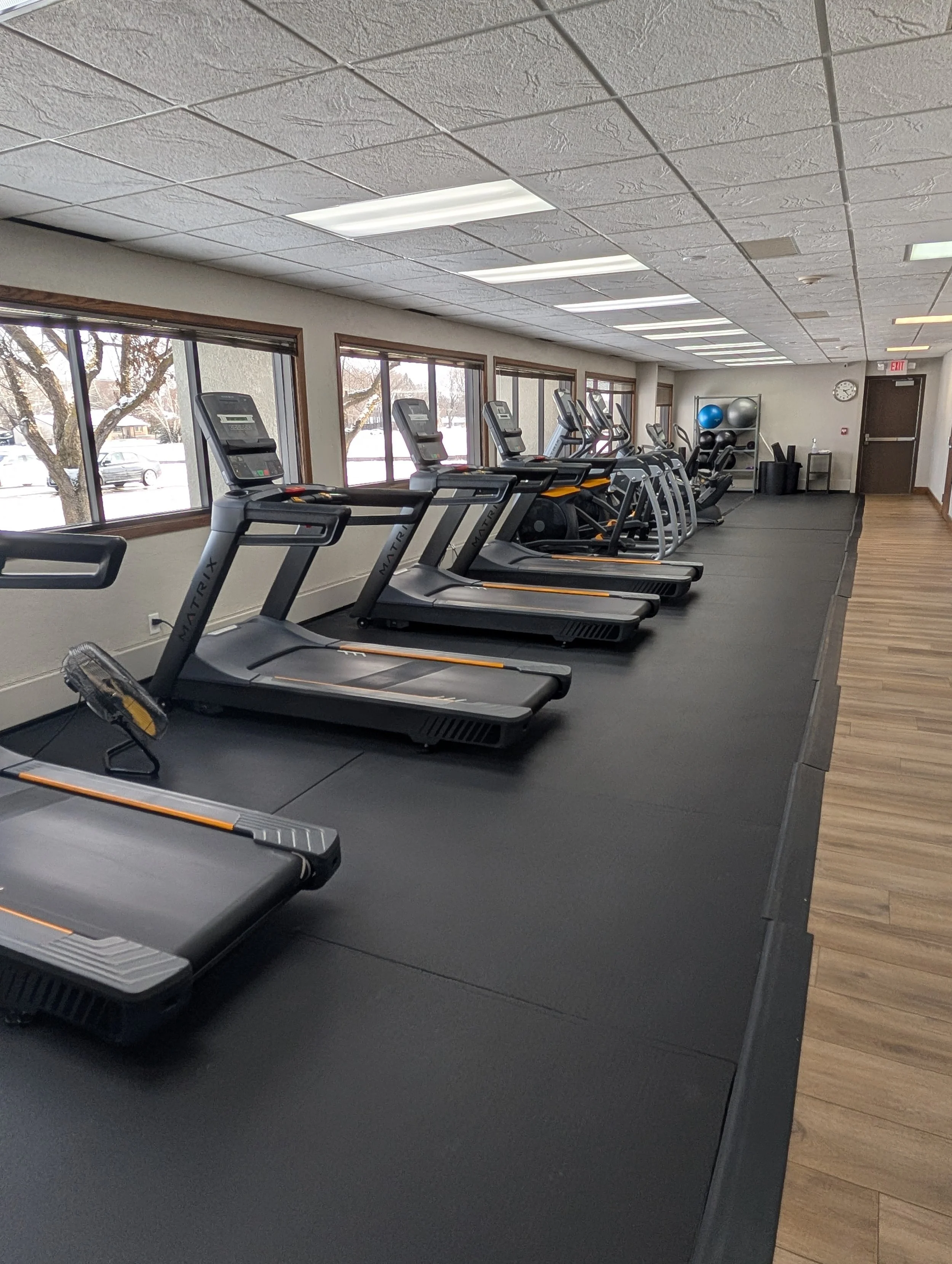 A row of exercise treadmills lined up along windows with a view of snow outside, in a gym with wooden flooring and ceiling lights.