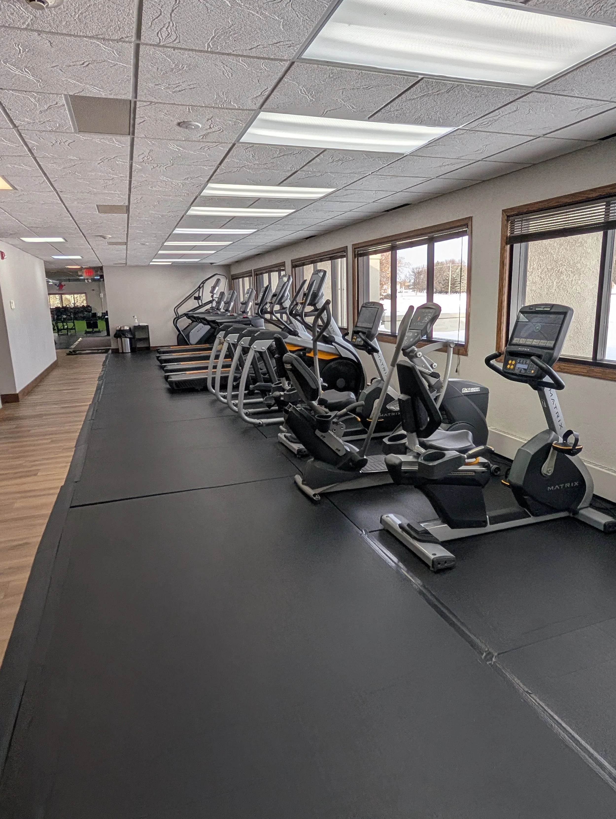 Row of exercise equipment including treadmills, elliptical machines, and stationary bikes in a fitness center with windows and wooden trim.