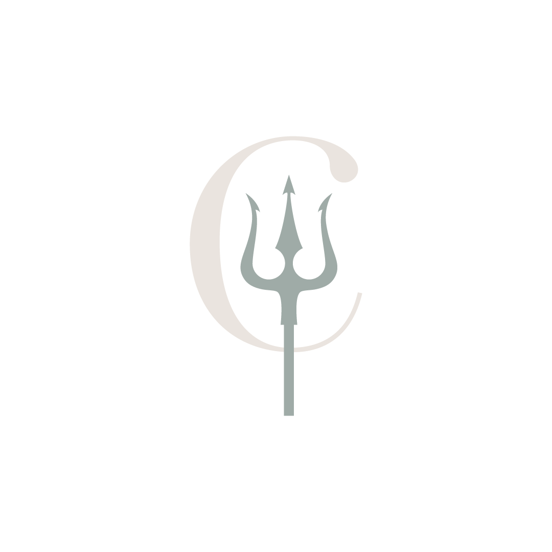 A black background with a stylized logo combining a letter 'C' and a trident symbol, with the 'C' forming the outer shape and the trident inside.