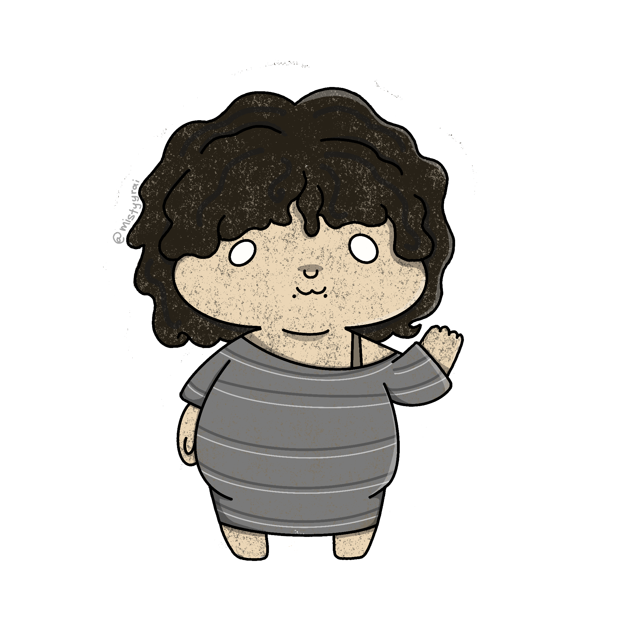 Cute cartoon character with curly dark brown hair, large white eyes, wearing a gray striped dress, waving with one hand, standing against a black background.