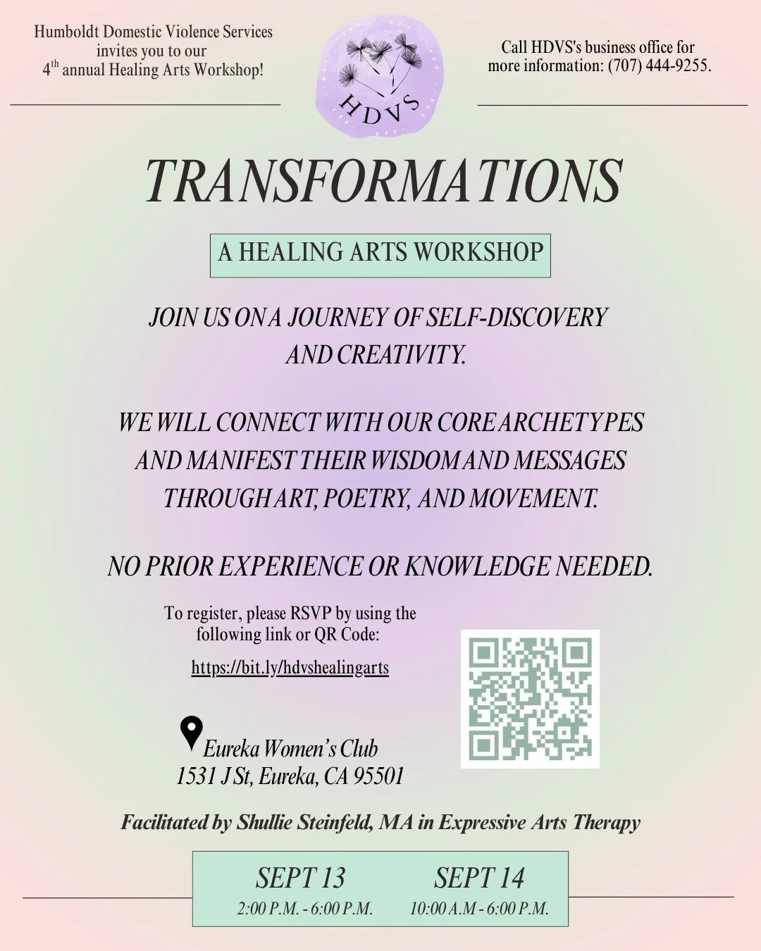 Join us for a powerful weekend of creativity, healing, and transformation at the 4th Annual Healing Arts Workshop: Transformations, hosted by Humboldt Domestic Violence Services.

✨ Through art, poetry, and movement, we&rsquo;ll explore our inner arc