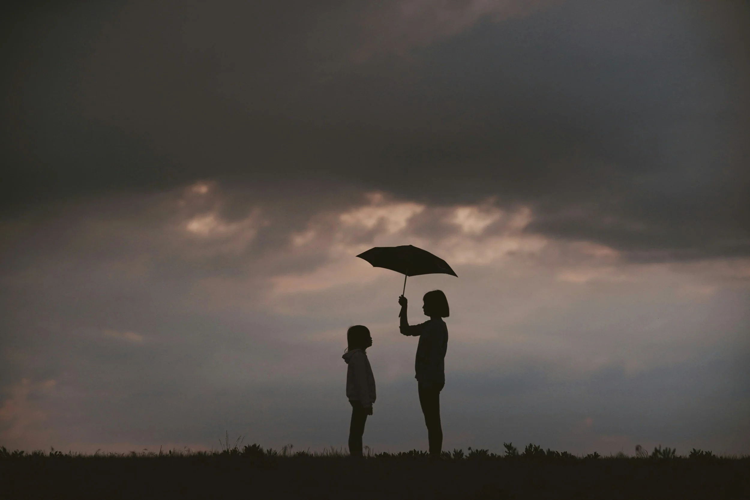 A silhouette of a woman holding an umbrella over a boy, standing on a grassy field during cloudy weather.