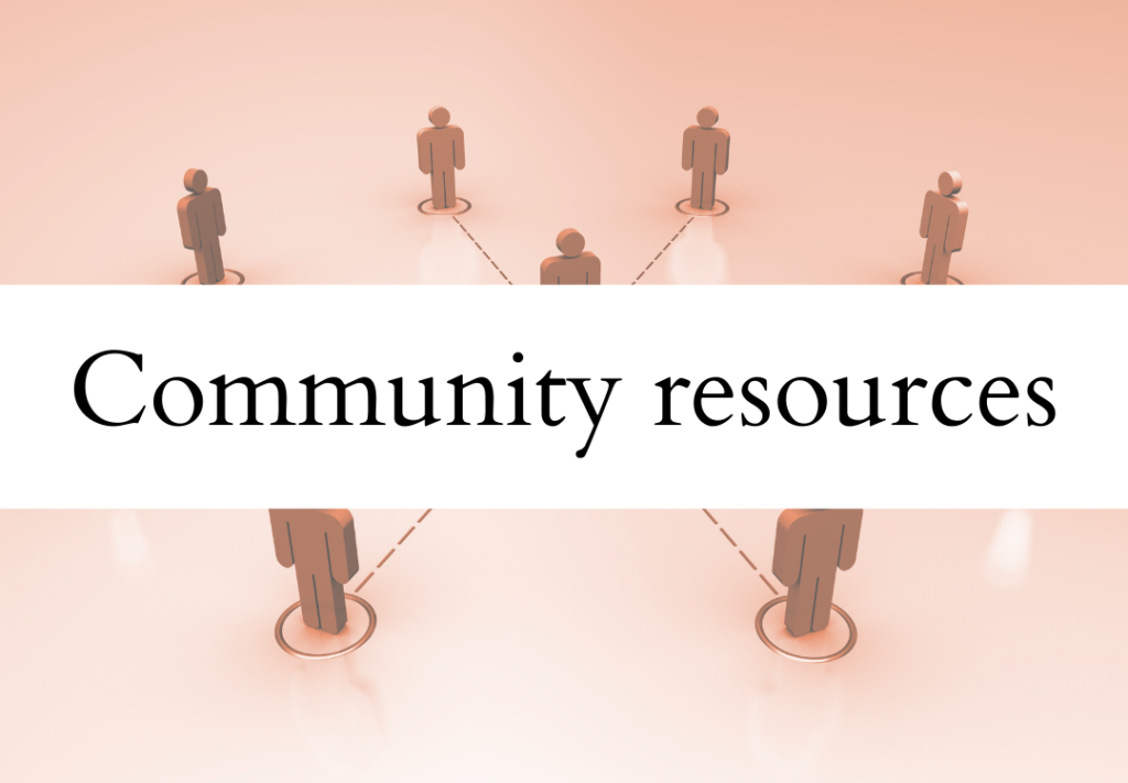 Illustration of five stylized human figures connected with dashed lines, with the text 'Community resources' across the center.