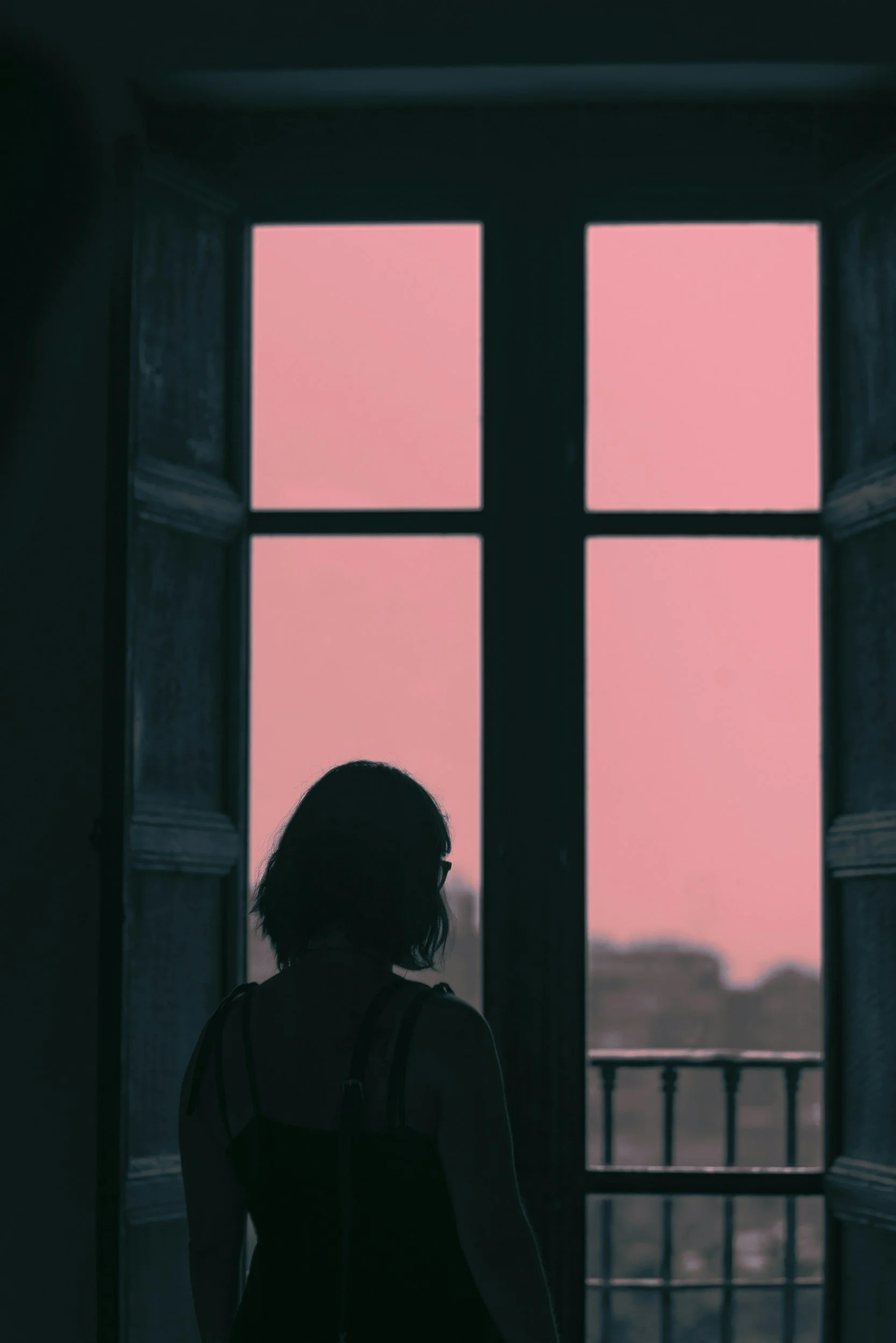 Silhouette of a woman standing by a window with pink sky outside.