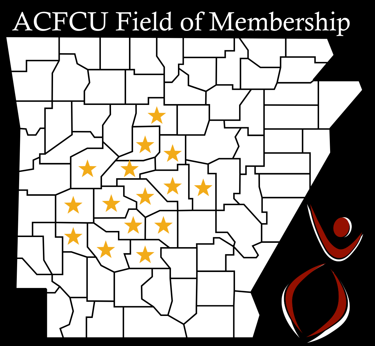 ACFCU Field of Membership. Yellow stars mark the credit union's service areas Saline, Garland, Grant, Perry, Hot Spring, Clark, Conway, Dallas, Faulkner, Lonoke, Montgomery, Pulaski, Van Buren, Yell or Pike County.