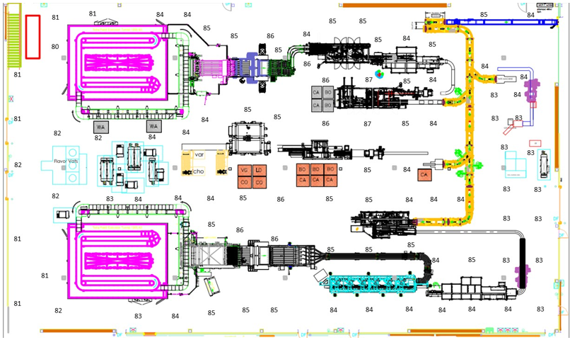 Diagram of an industrial process or machine layout, displaying various colored sections, mechanical components, and pipelines.