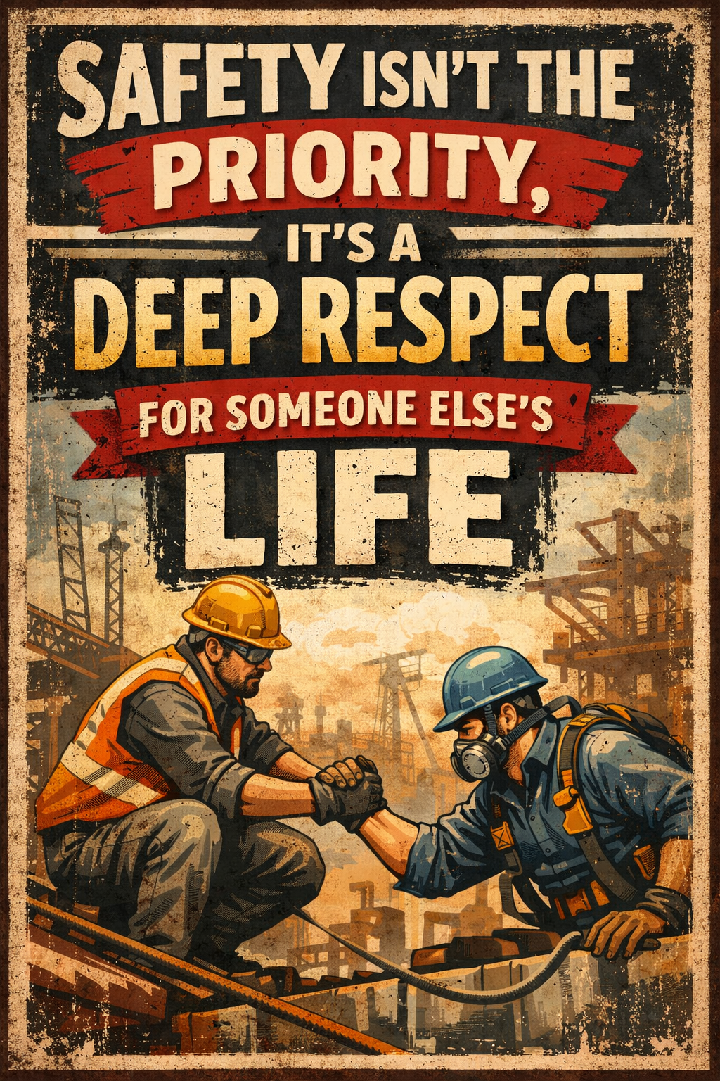 A motivational poster with a quote about safety and respect in the workplace. The poster shows two construction workers shaking hands amidst an industrial construction site background, emphasizing teamwork and safety.