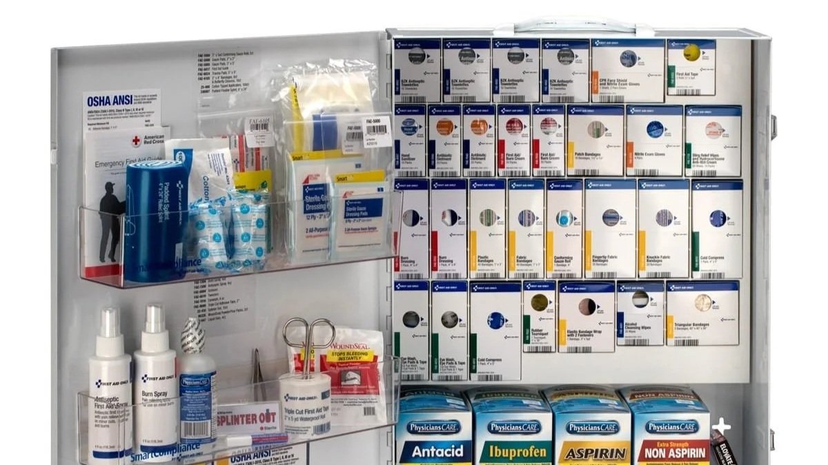 A well-organized first aid kit with various bandages, antiseptic sprays, ointments, and medication, along with scissors and medical supplies.