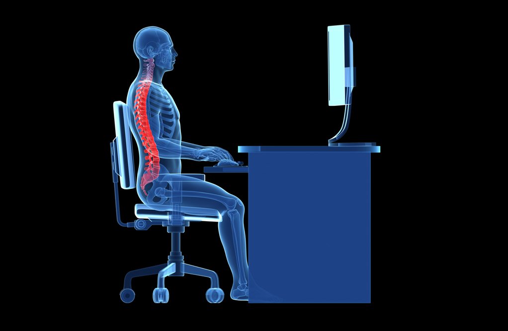 X-ray style illustration of a person sitting at a desk using a computer, with a highlighted red spine.