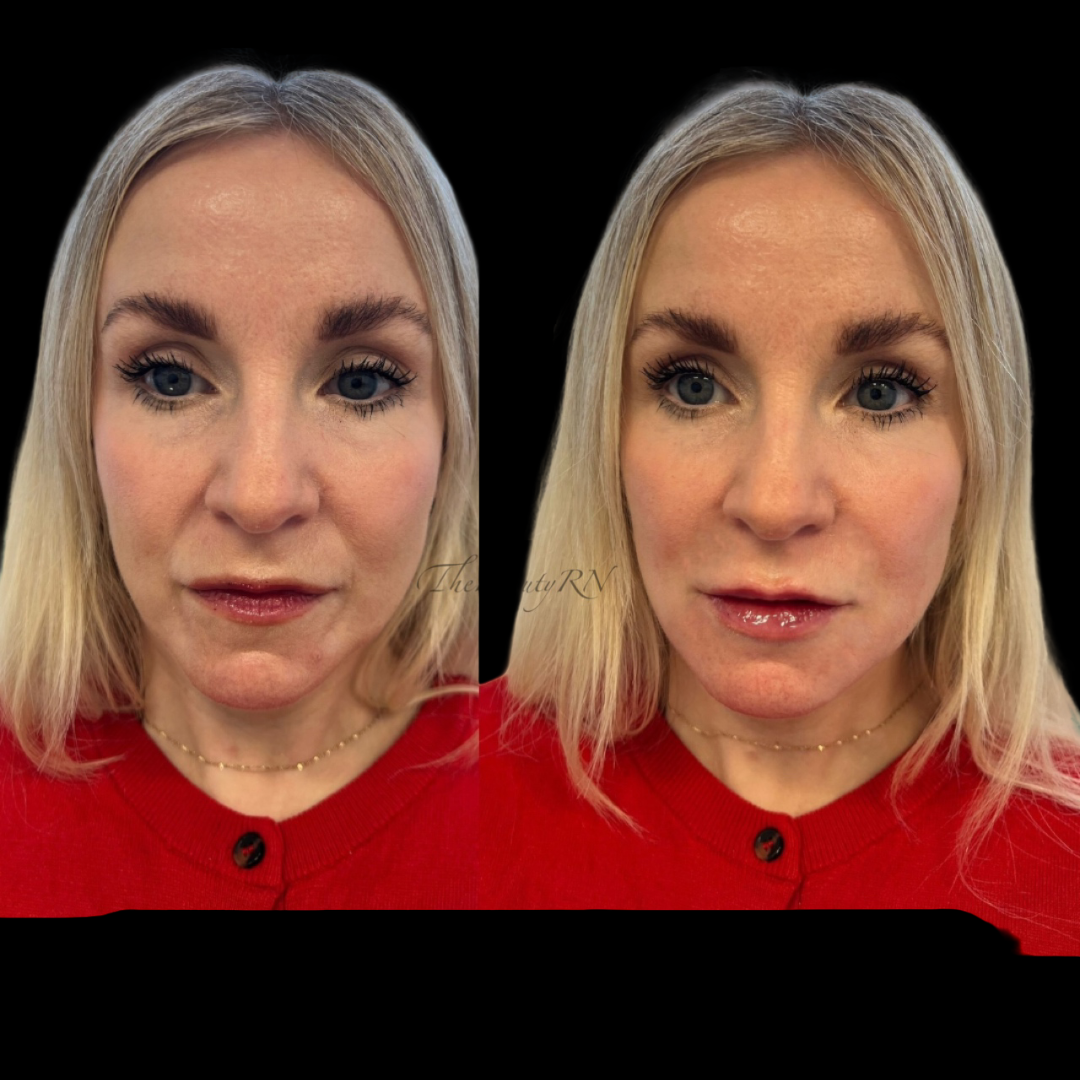 Side-by-side comparison of a woman with blonde hair in a red top, showing before and after images of makeup or skincare enhancement.