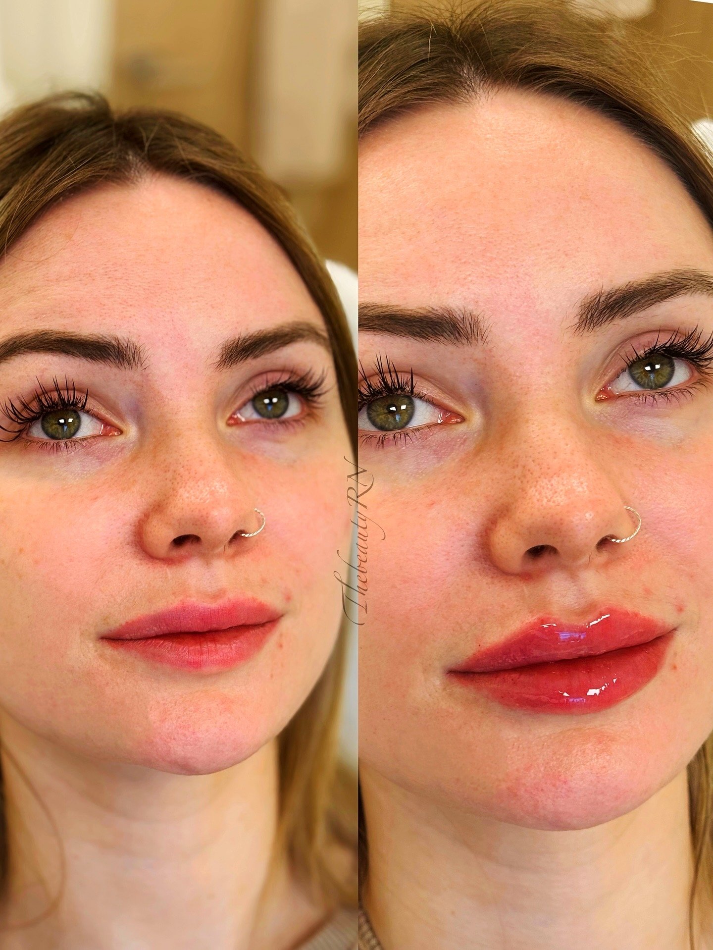 Side-by-side comparison of a woman's face before and after applying makeup, showing enhanced lips with gloss and eyes with mascara and eyeliner.