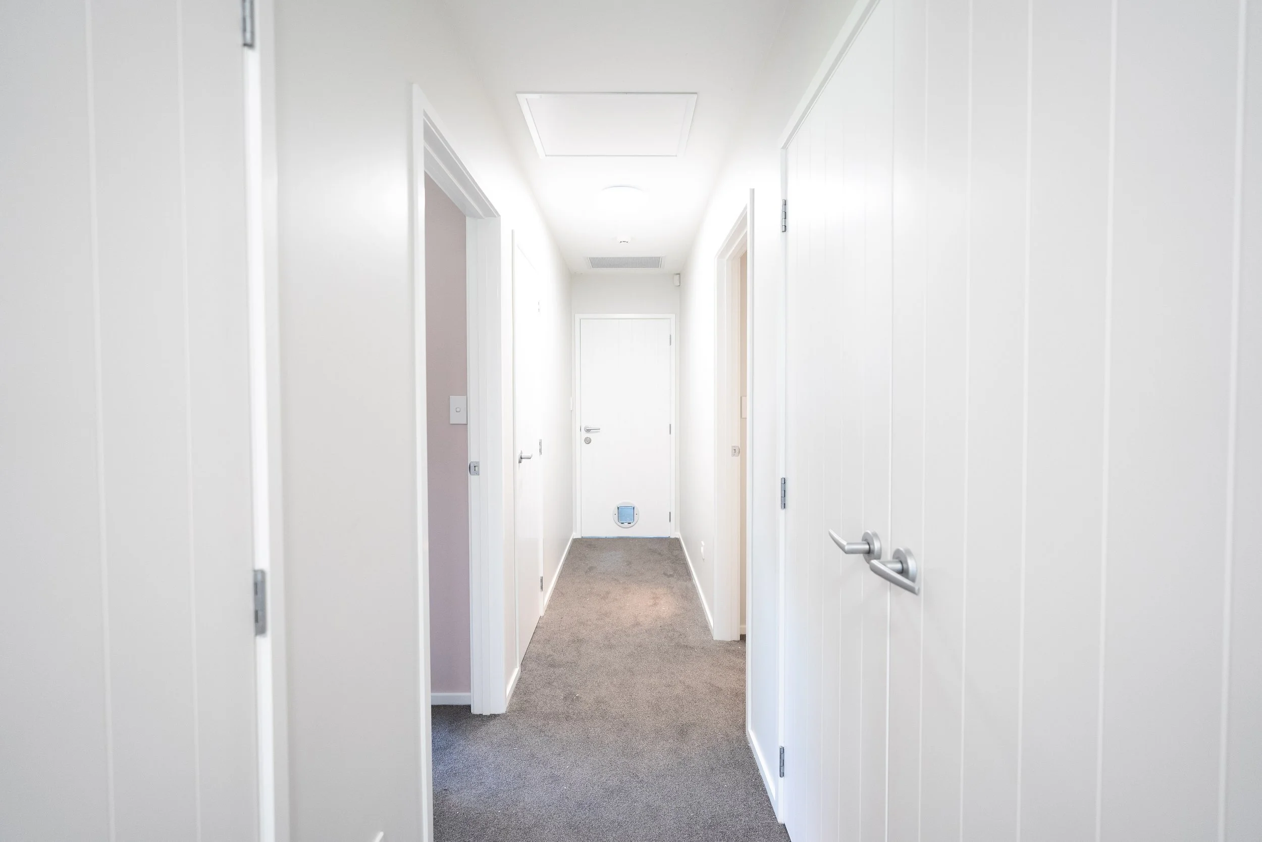 Interior view of a bright, narrow hallway with white walls, gray carpeting, and multiple closed doors.