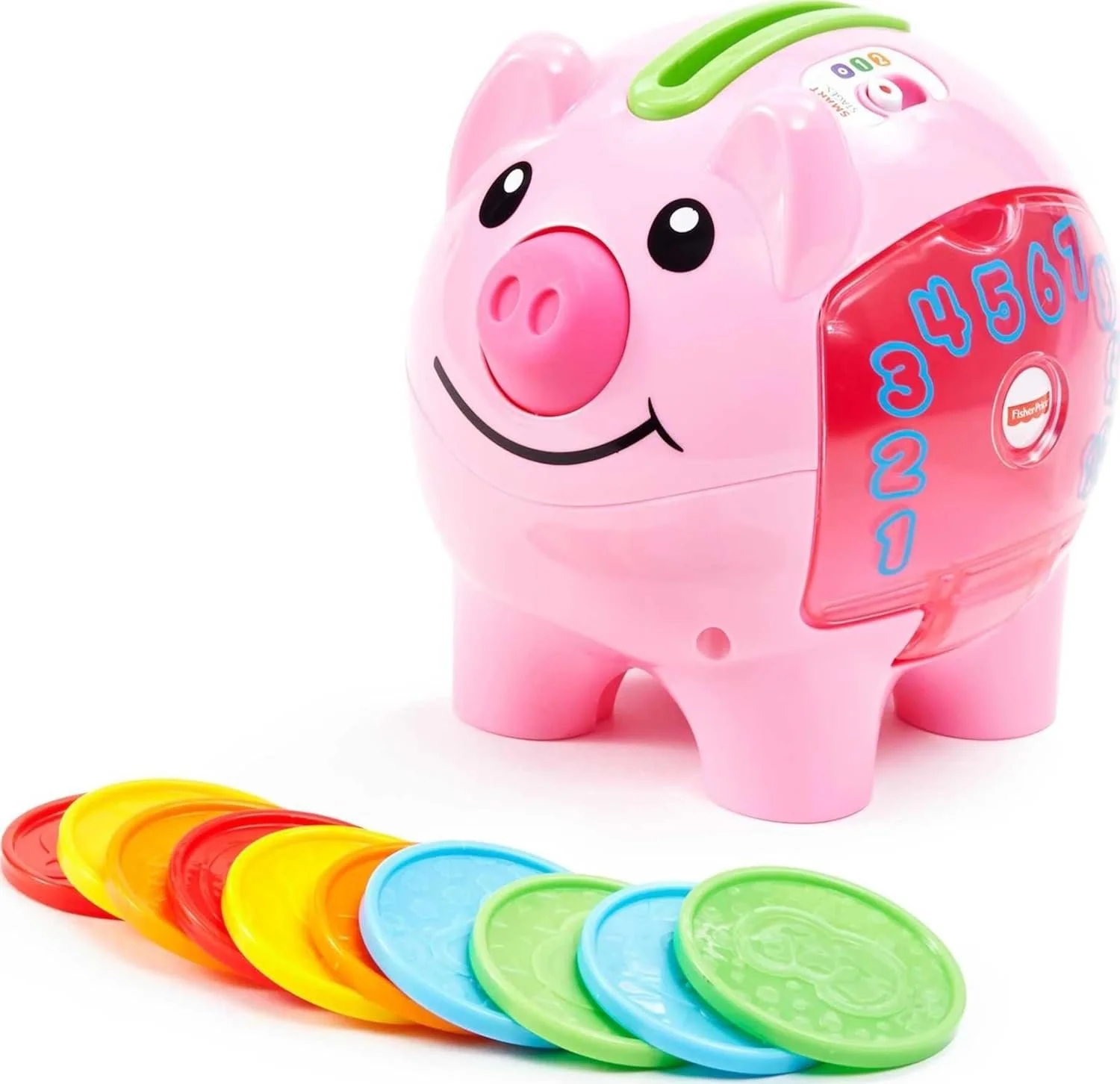 Pink pig-shaped coin bank with a smiling face and colorful coins in front.