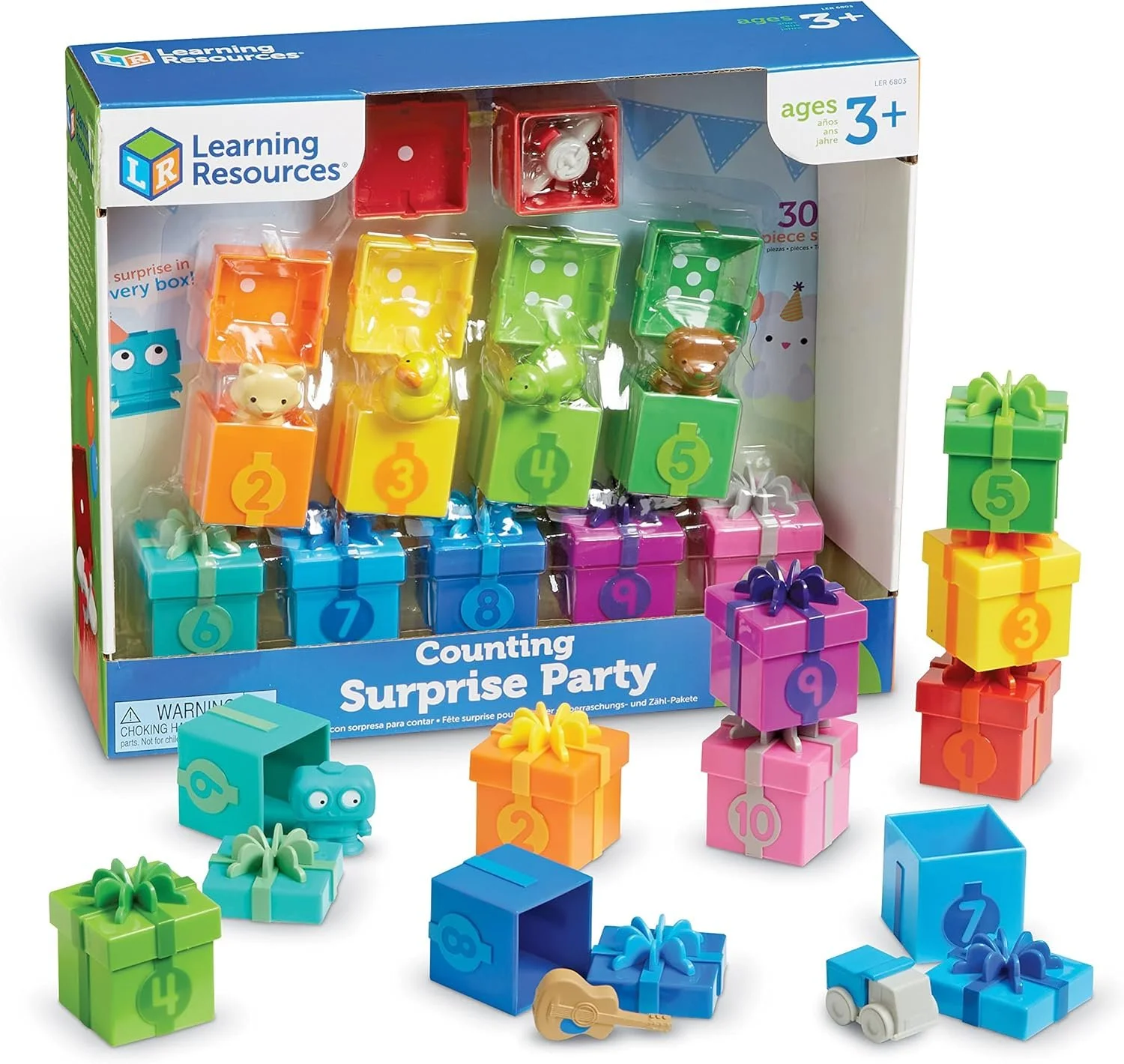 Colorful counting surprise party toy set with small boxes, animal figures, and accessories for children ages 3 and up.