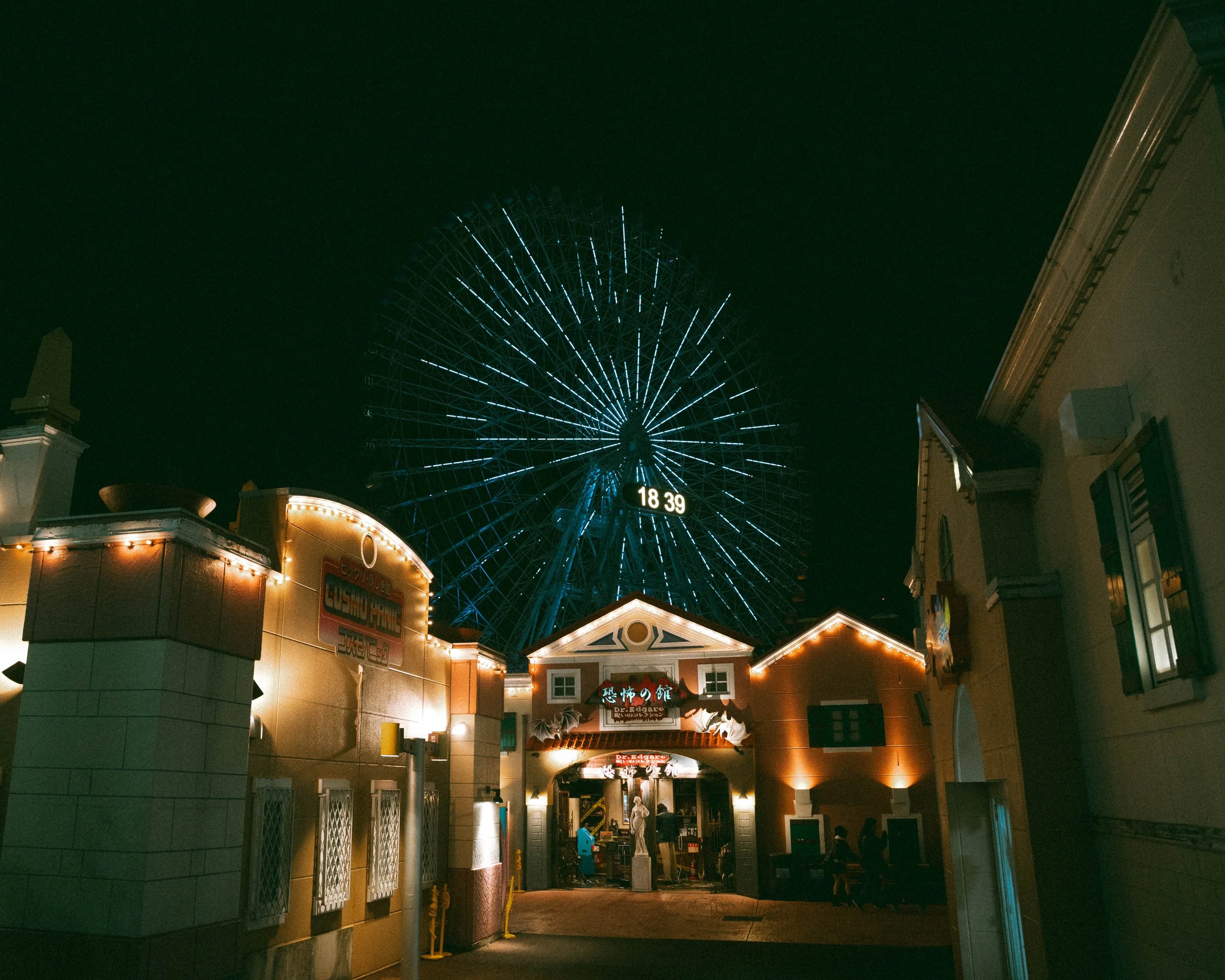 Nighttime scene of an amusement park with a large illuminated Ferris wheel and a themed building entrance in the foreground.