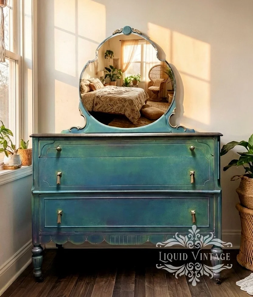 Hand Painted Bohemian Antique Dresser with Mirror | Eclectic Chest of Drawers | Whimsical Chest