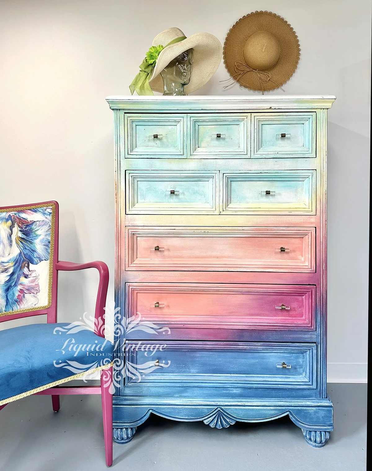 Artistically Hand Painted Ombre Chest of Drawers | Rustic Bohemian Dresser | Nursery Furniture