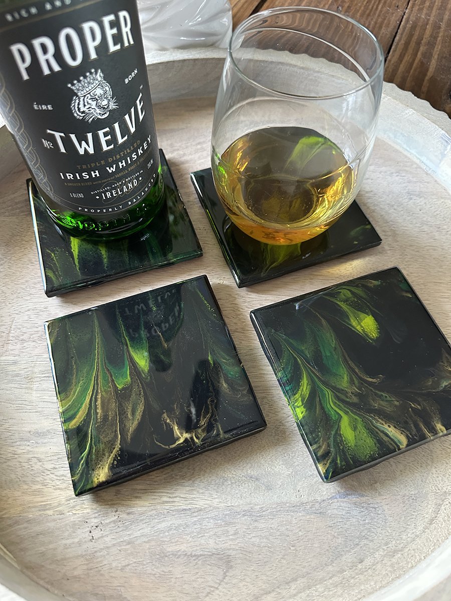 Green and Gold Epoxy Ceramic Coasters