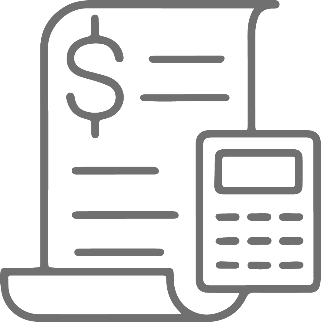 Outline of a bill or receipt with dollar signs and horizontal lines, connected to a calculator.