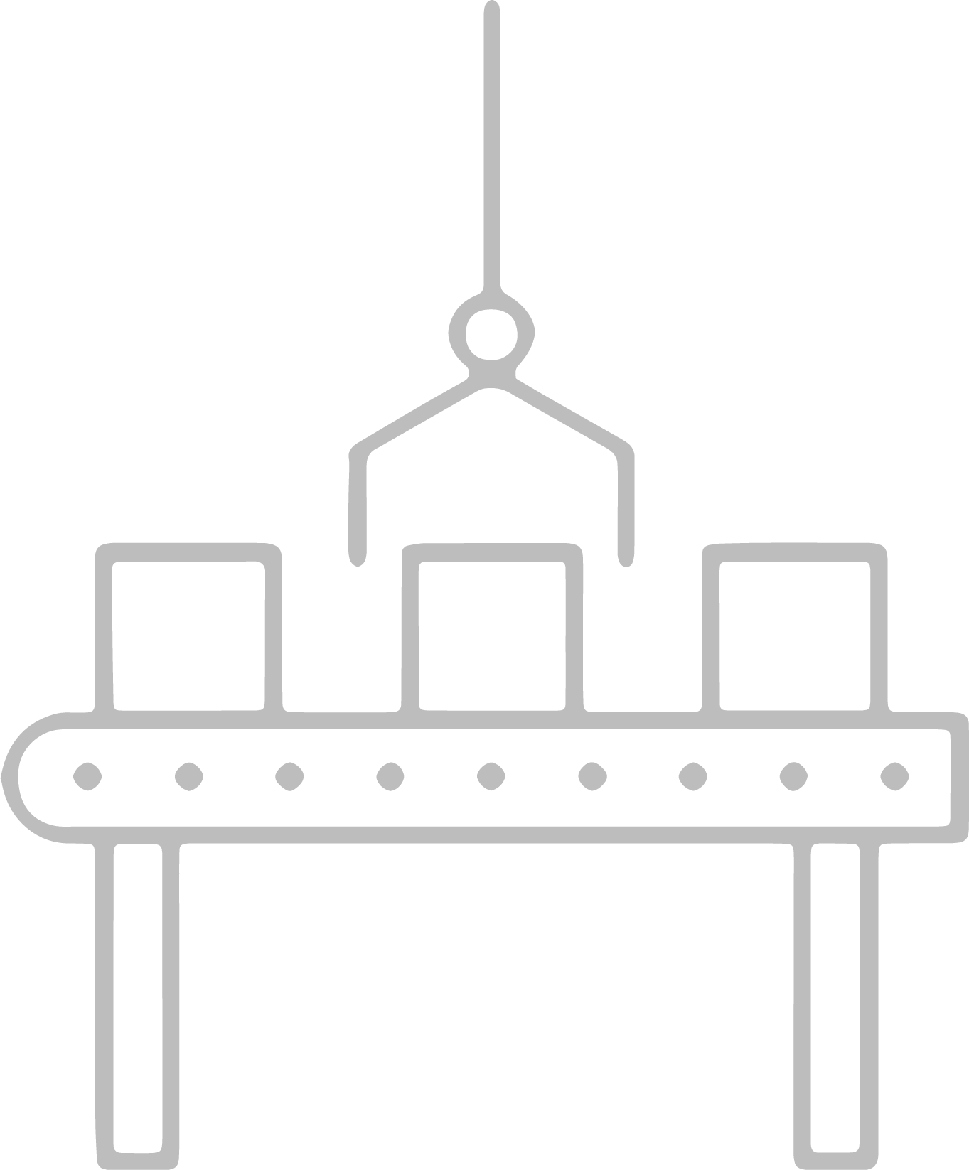 Line drawing of a conveyor belt with boxes being stacked by a robotic arm overhead.
