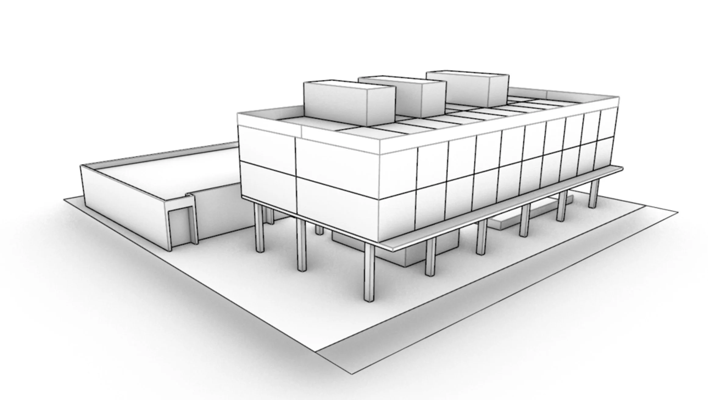Architectural illustration of a modern building with elevated structure, featuring a large rectangular block on stilts and a smaller adjacent structure on a flat surface.