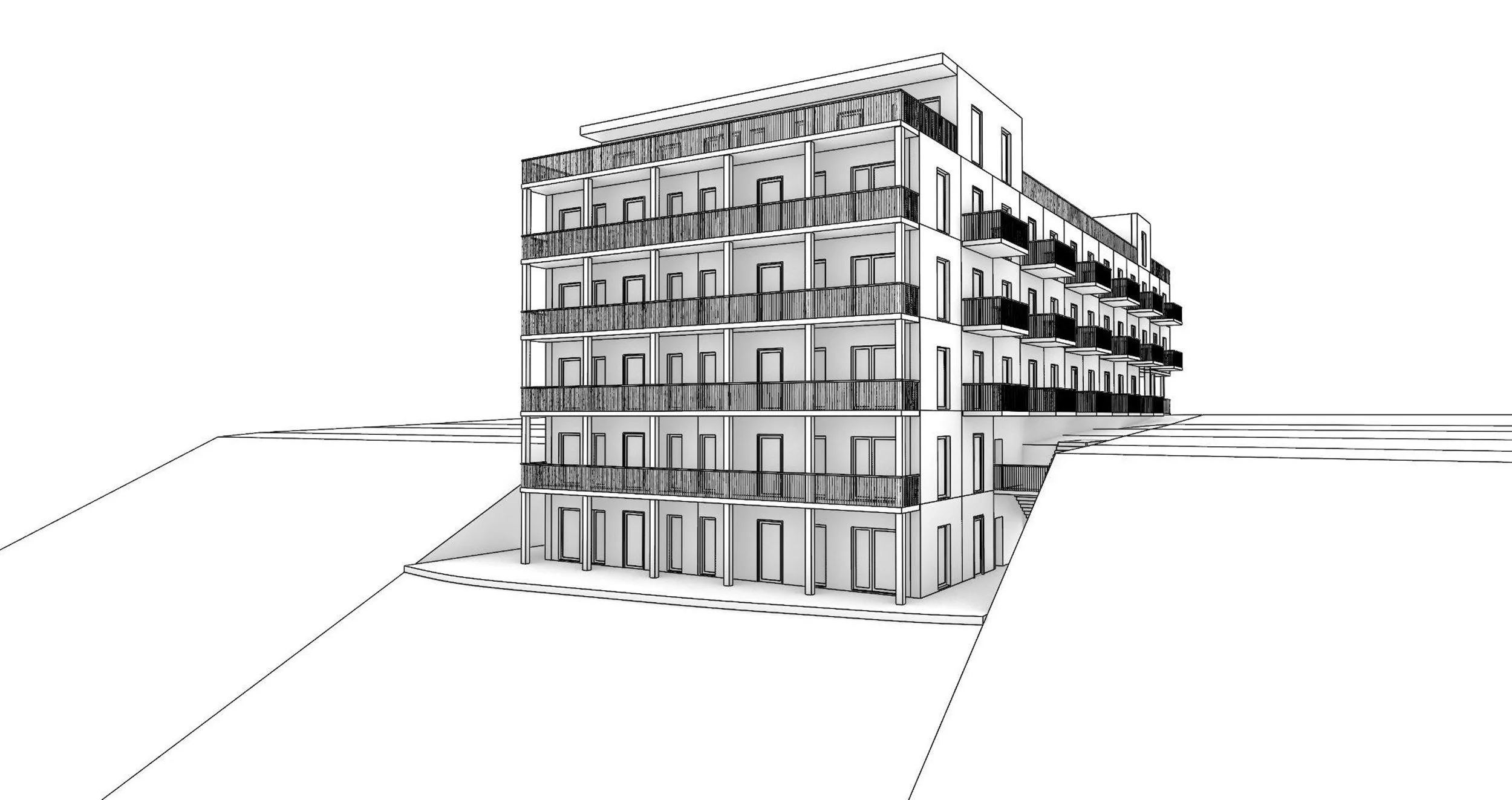 Line drawing of a multi-story residential building with balconies on each floor, located on sloped terrain.