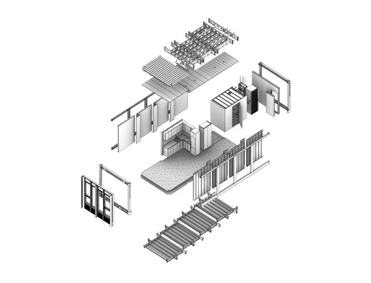 Isometric diagram of modular building components, including walls, floors, doors, windows, and structural frameworks.