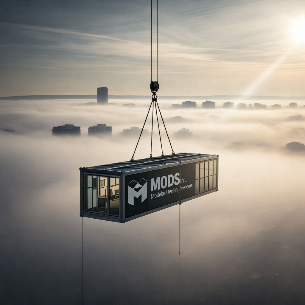 A drone-like structure with a container labeled MODS Inc. for Modular Dwelling Systems is suspended in the sky above a city shrouded in fog, with buildings and a bright sun in the distance.