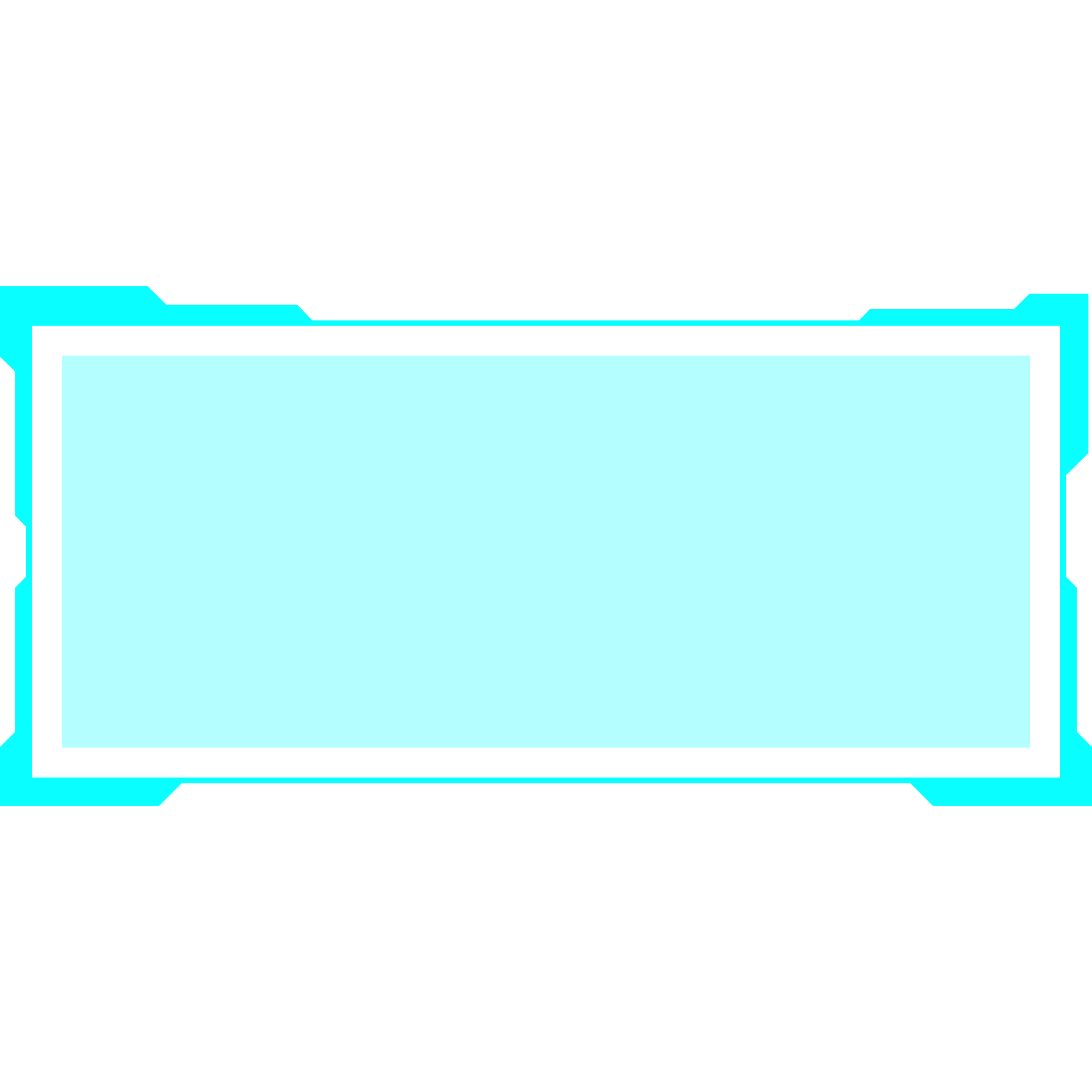 A futuristic digital interface with a large cyan screen and black outlines, resembling a holographic display.