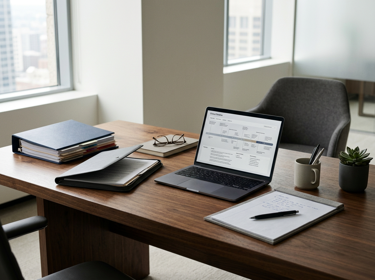 Workspace with laptop displaying medical case records and notes