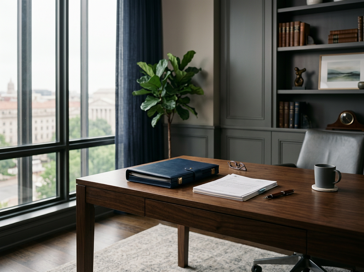 Professional office with desk, case files, and medical documents