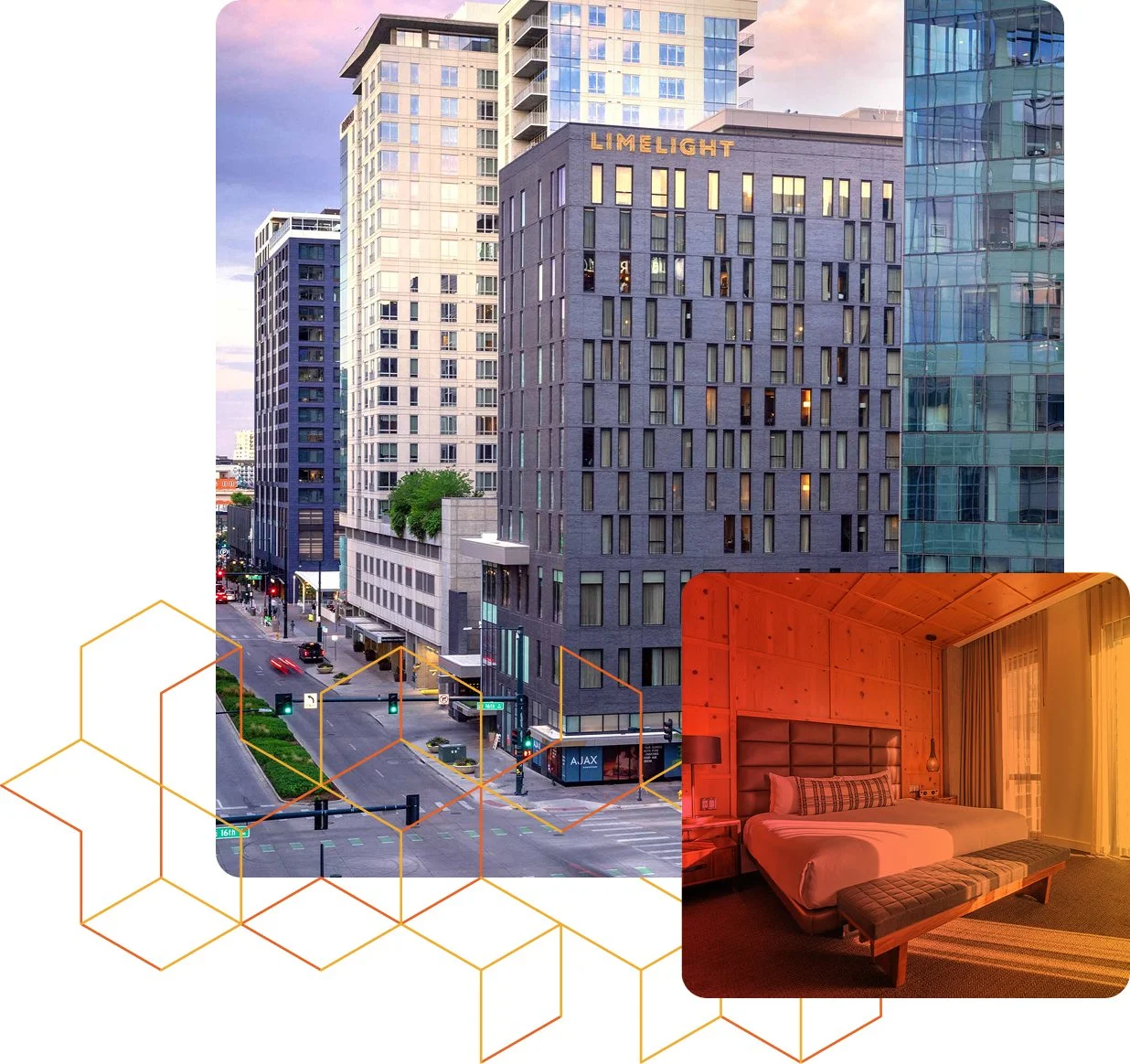 A cityscape with tall modern buildings including a dark gray building with yellow lettering 'LIMELIGHT' on top, alongside a street with traffic lights and pedestrians. An inset shows a cozy hotel room with a bed, a bench, and warm lighting.