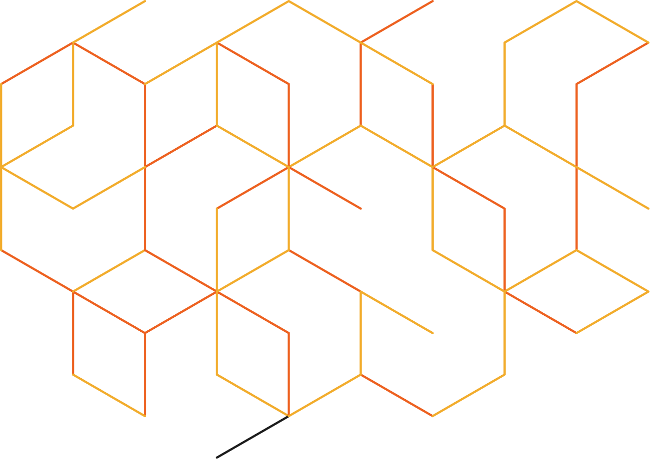 An abstract geometric pattern of interlocking hexagons and 3D cubes in yellow, orange, and red lines on a black background.