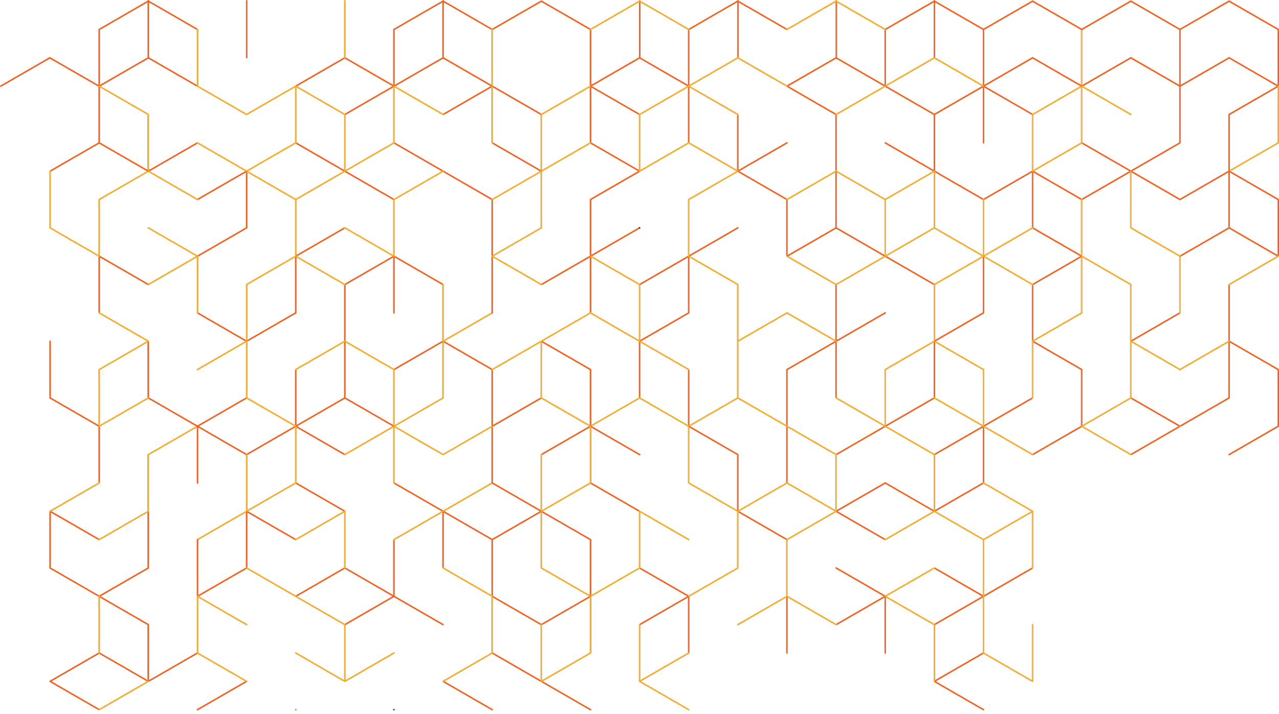 A digital pattern of interconnected hexagons outlined in yellow and orange lines on a black background.