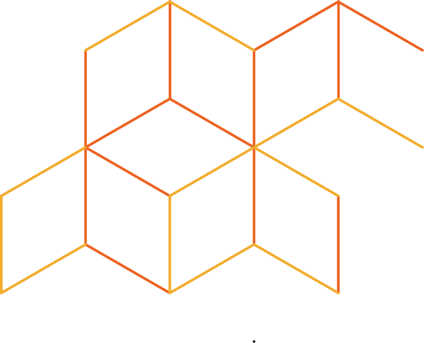 A 3D geometric pattern of interconnected cubes in orange, yellow, and red lines on a black background.