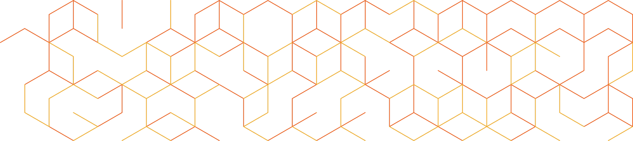 A geometric pattern of interconnected hexagons with lines in shades of yellow, orange, and red on a black background.