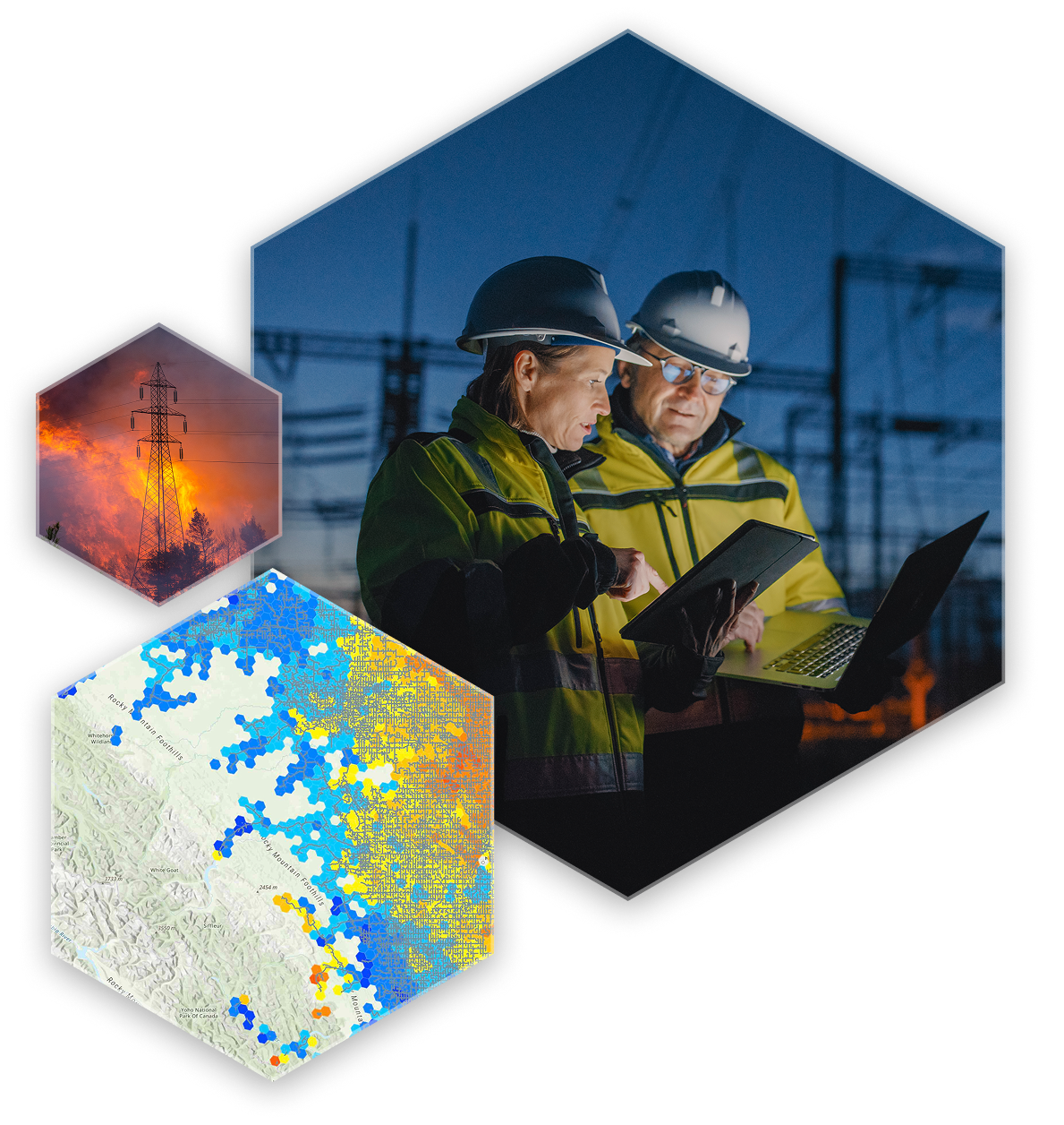Two utility workers in helmets and reflective jackets reviewing data on a tablet and laptop at dusk, with images of electricity transmission towers, wildfire smoke, and a heat map overlay in the foreground.