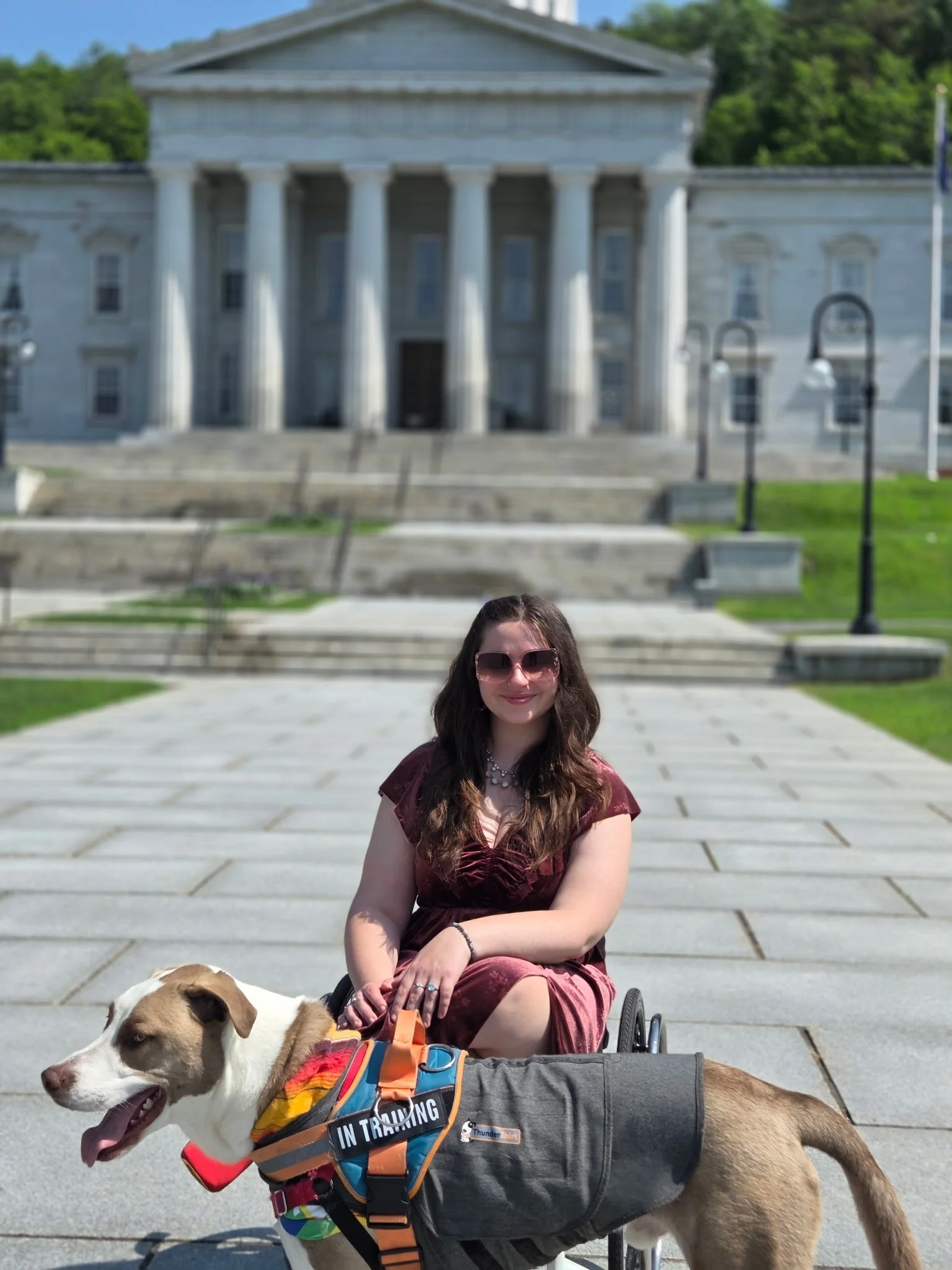 Woman in a wheelchair with long brown hair wearing sunglasses, a burgundy dress, and a necklace, sitting outdoors on a stone path in front of the White House with her service dog in a harness and vest, both facing left.