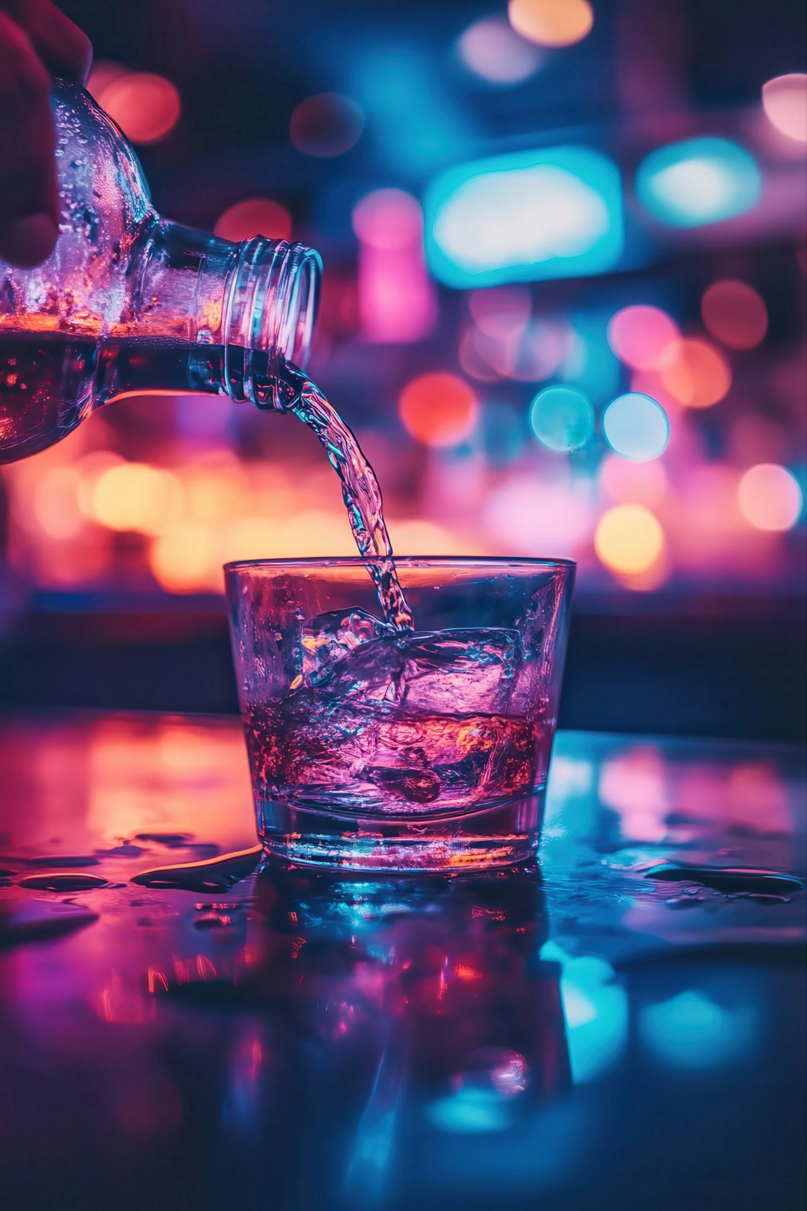 A hand pouring water from a bottle into a glass on a table with colorful, blurred lights in the background.