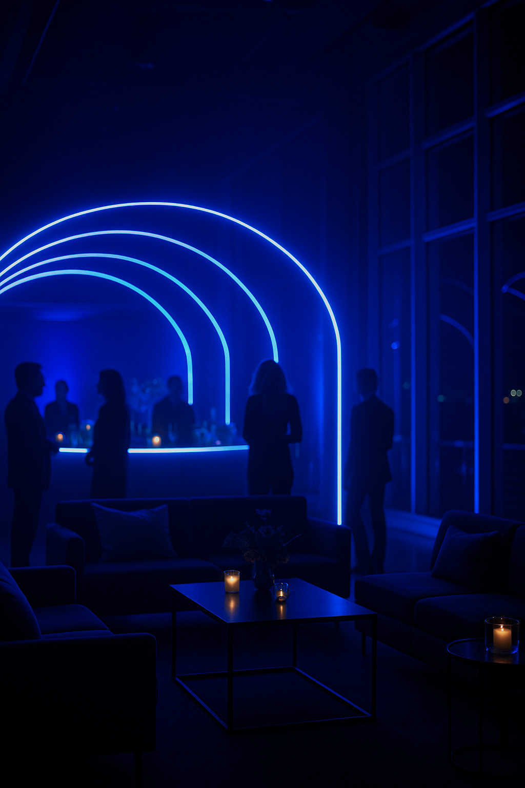 Silhouettes of people socializing in a dimly lit lounge with neon blue arches and candles on tables.